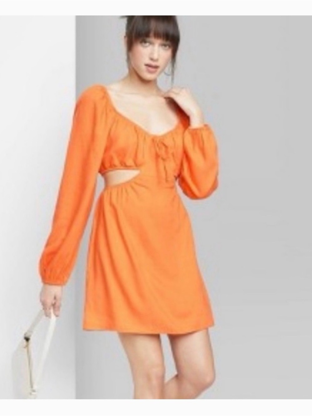 Orange Long-Sleeve Cutout Mini Dress L linen blend